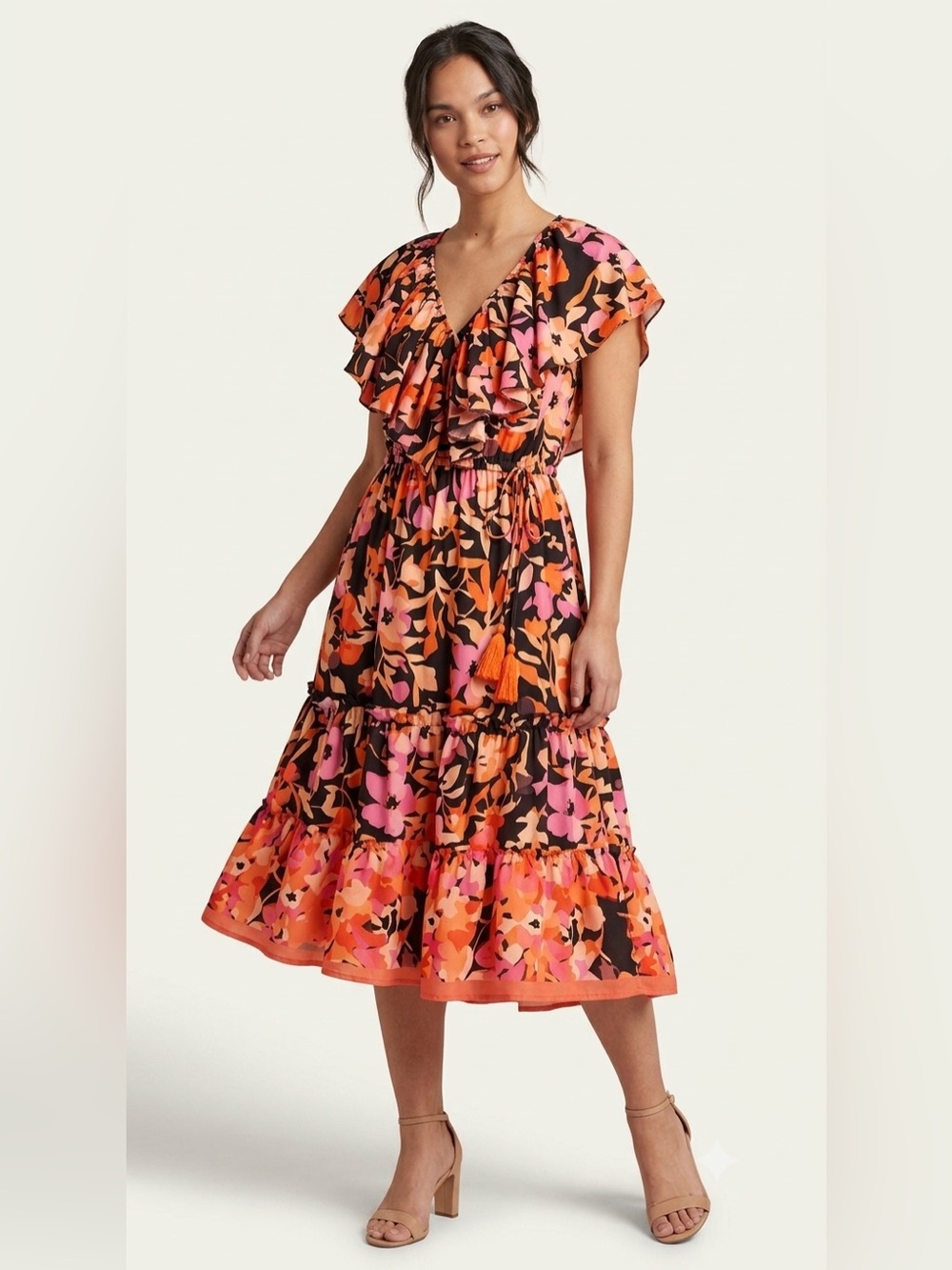 Anthropologie RAGA Black Floral Midi Dress with Pink & Coral Blooms XS
